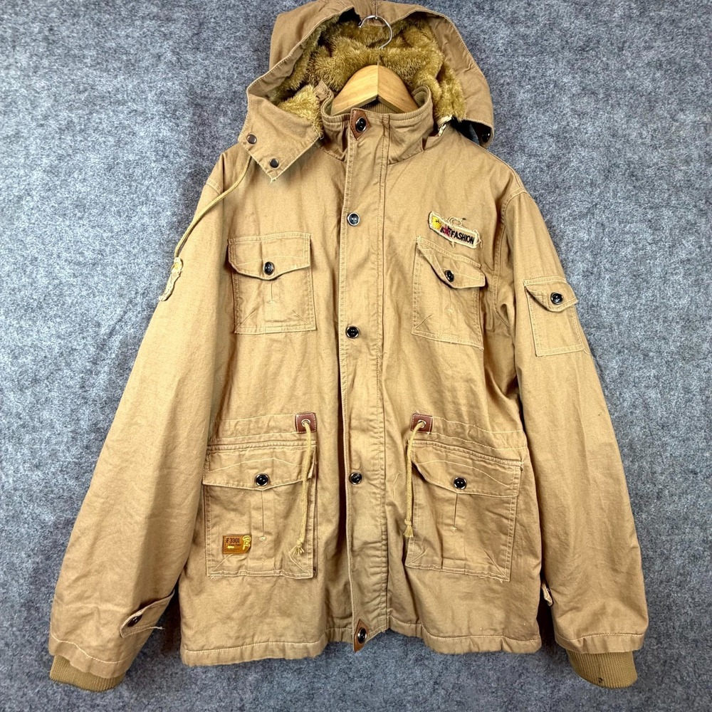 Vintage‎ Art Fashion Utility Jacket Men Medium Tan Faux Fur Lined Winter Hooded